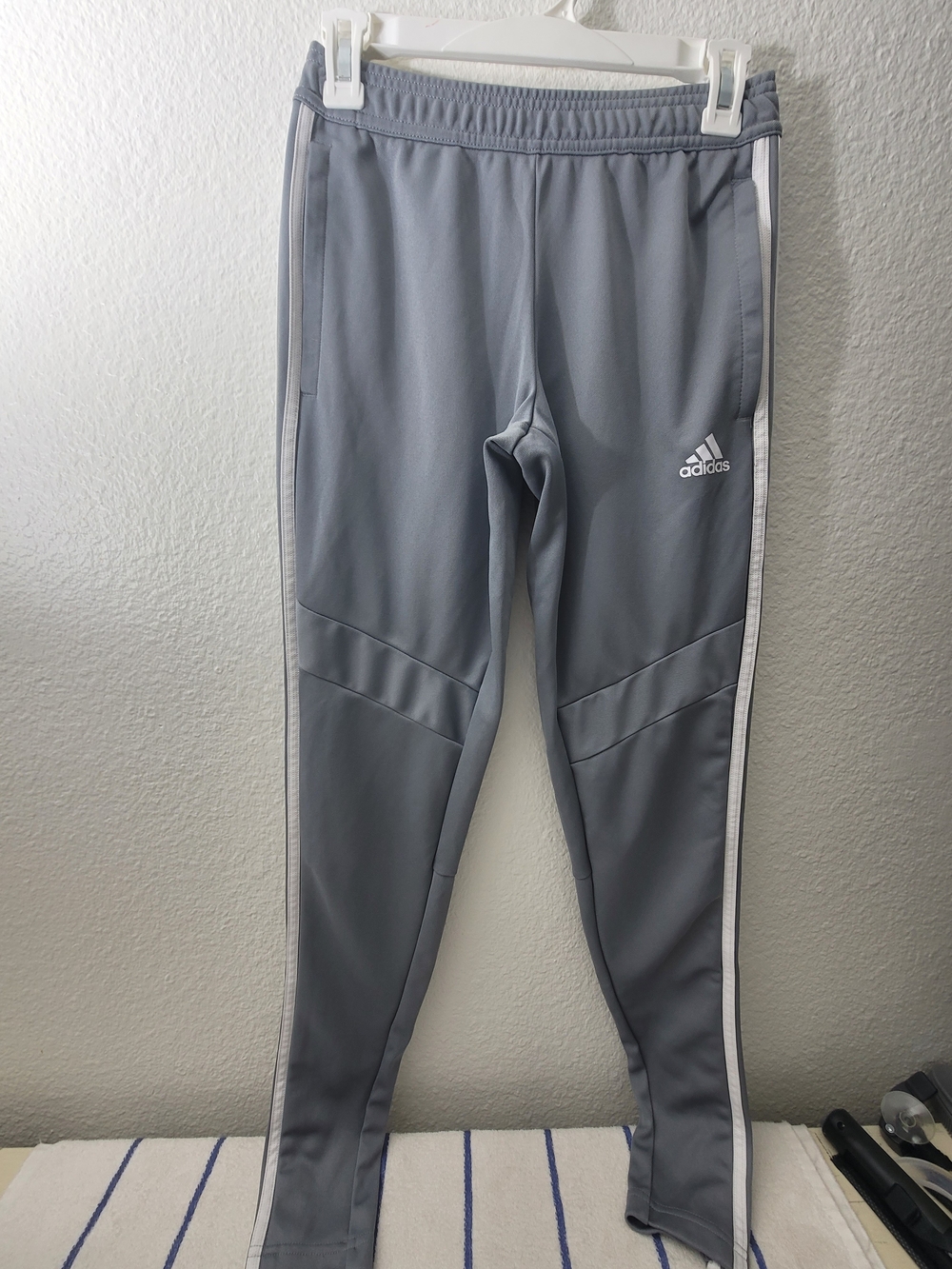 adidas Kids Light Gray Track Joggers with White Stripes